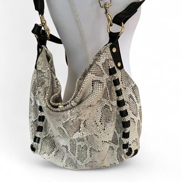 Aimee Kestenberg Snakeskin Leather Hobo Bag Black White Gold Hardware - Picture 3 of 8